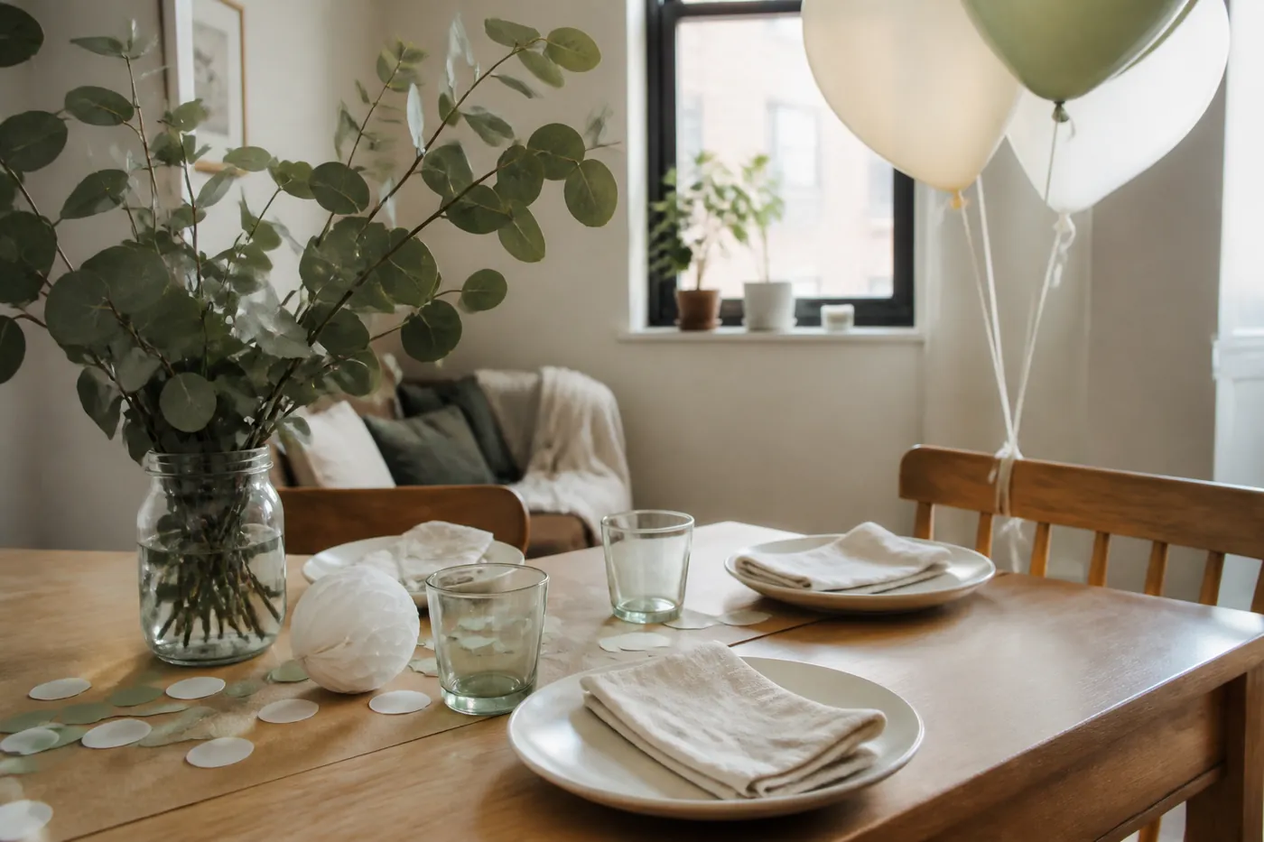 A simple homemade tablescape with sage eucalyptus and everyday plates