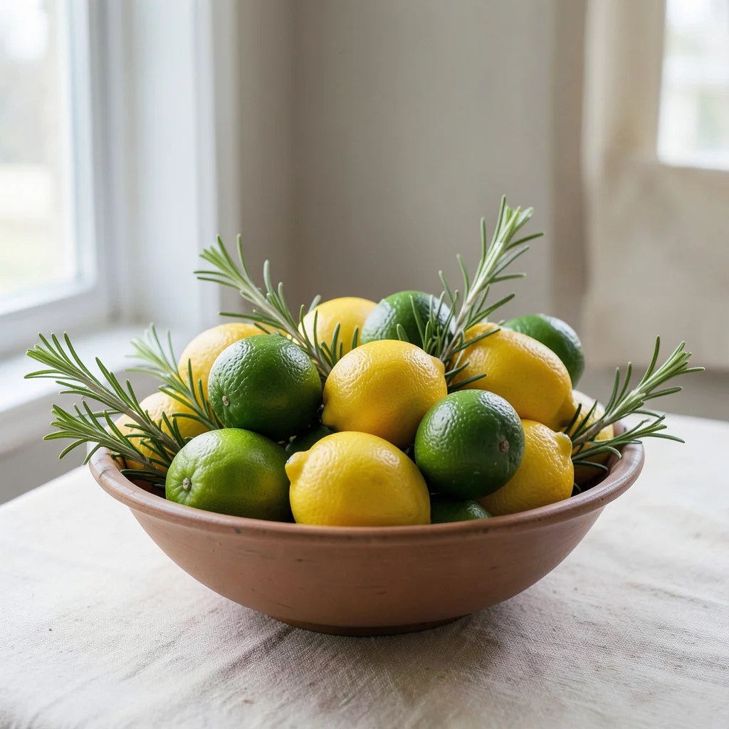 A simple citrus and herb centerpiece on a home dining table for a 50th birthday.