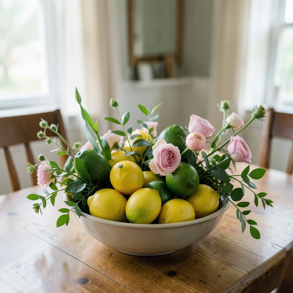 A low centerpiece of apples and hydrangeas on a dining table set for a birthday.