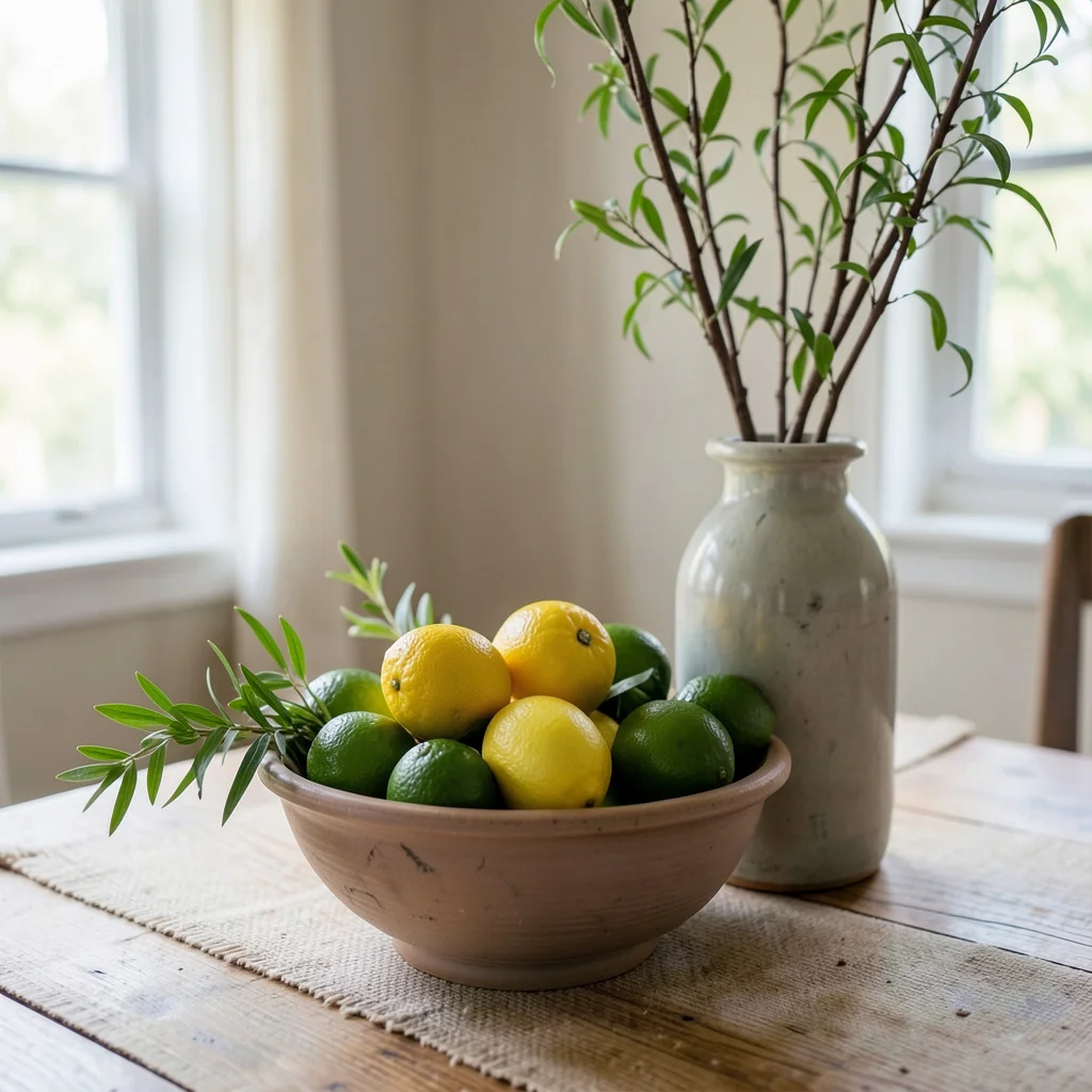 A seasonal table runner with natural elements and a complementary low bowl centerpiece.