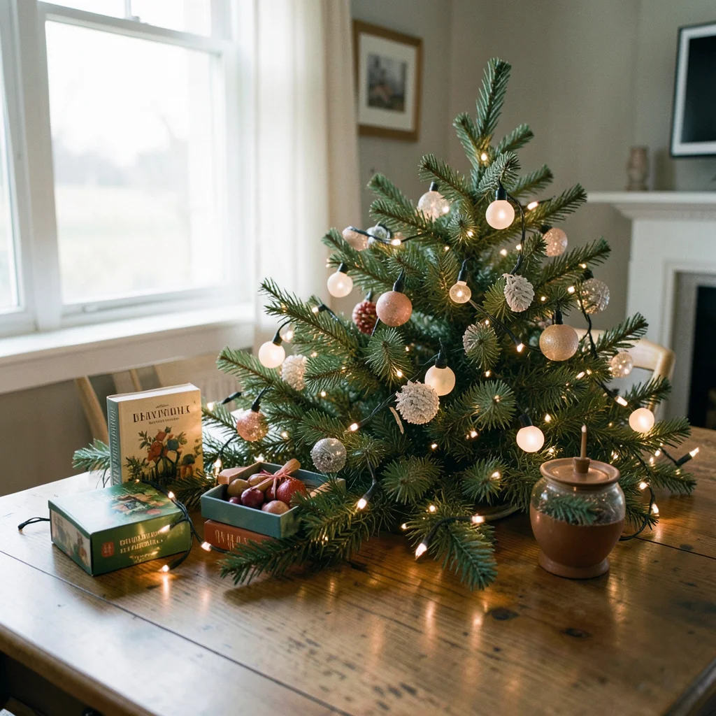 A Christmas trivia card and holly on a holiday table.