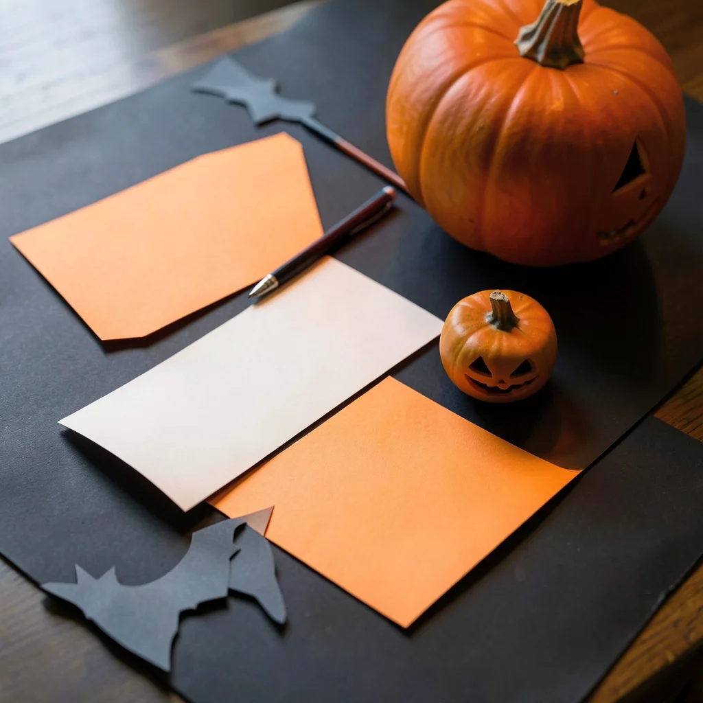 A home dining table setup for Halloween party games, including a guess-the-candy jar and pumpkin decorating supplies.