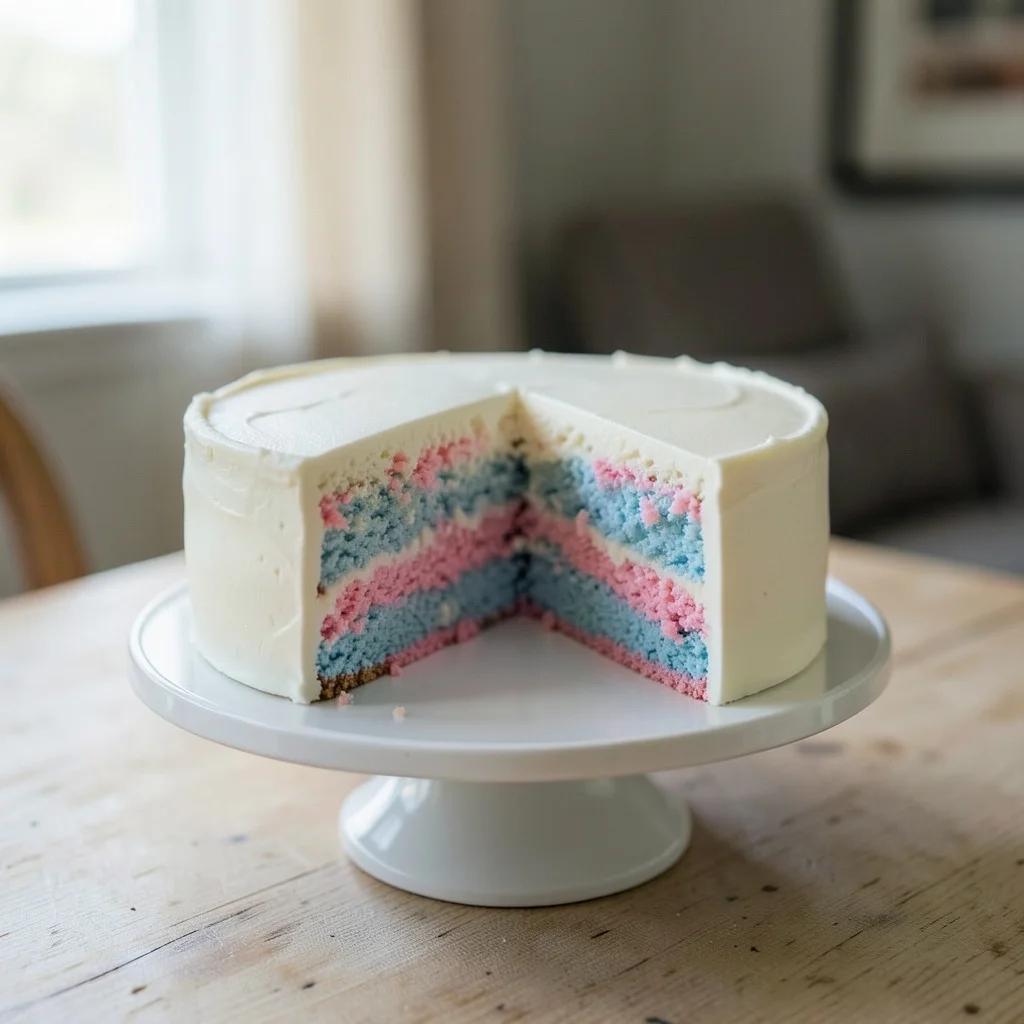 A white frosted gender reveal cake on a stand, ready to be cut at a home celebration.
