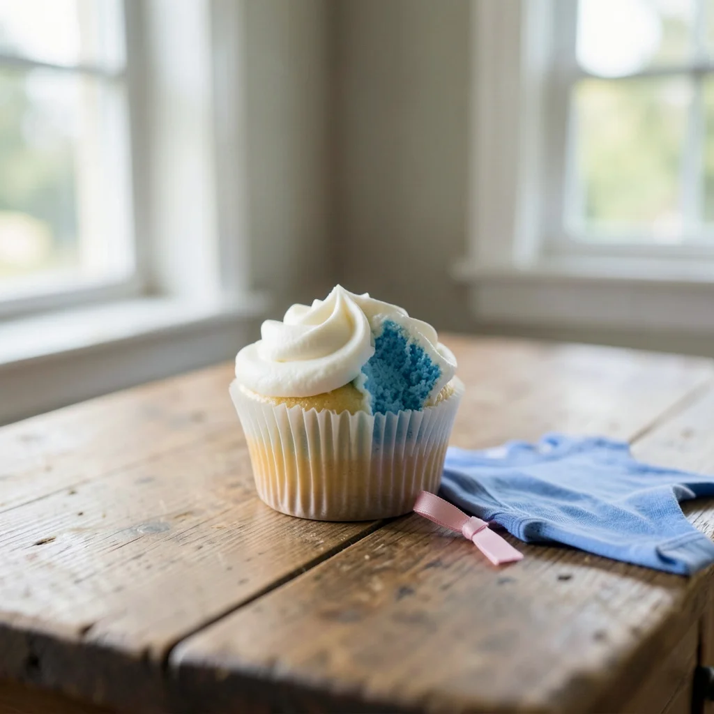 A cupcake cut open to reveal pink frosting for a gender reveal.