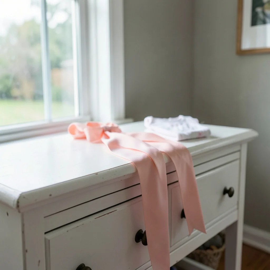 A living room prepared for a baby girl baby shower with a set table and gentle decorations.