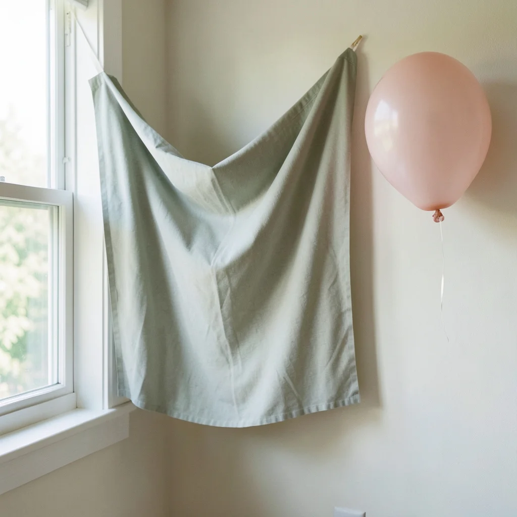 Photograph: A plain fabric drape hangs softly against a wall, with a single balloon in a soft blush pink floating gently nearby, set against a neutral cream background.