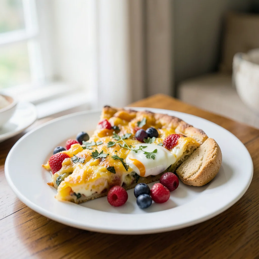 Photograph: A white plate holds a slice of frittata with visible eggs and herbs, accompanied by fresh berries and a small biscuit on the side, featuring colors of golden yellow, bright red, and crisp white.