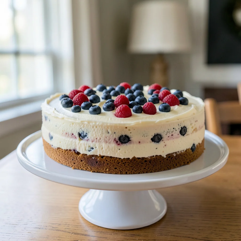 Photograph: A single-layer sheet cake with ivory frosting sits on a simple white cake stand, its surface adorned with fresh blueberries and raspberries.