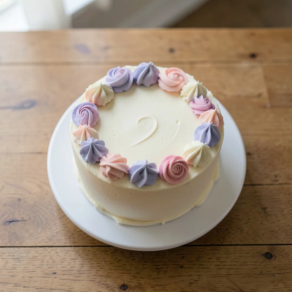 Photograph: A simple, frosted baby shower cake for a girl sits alone on a cake stand, featuring ivory frosting with soft pink and lavender buttercream rosettes.