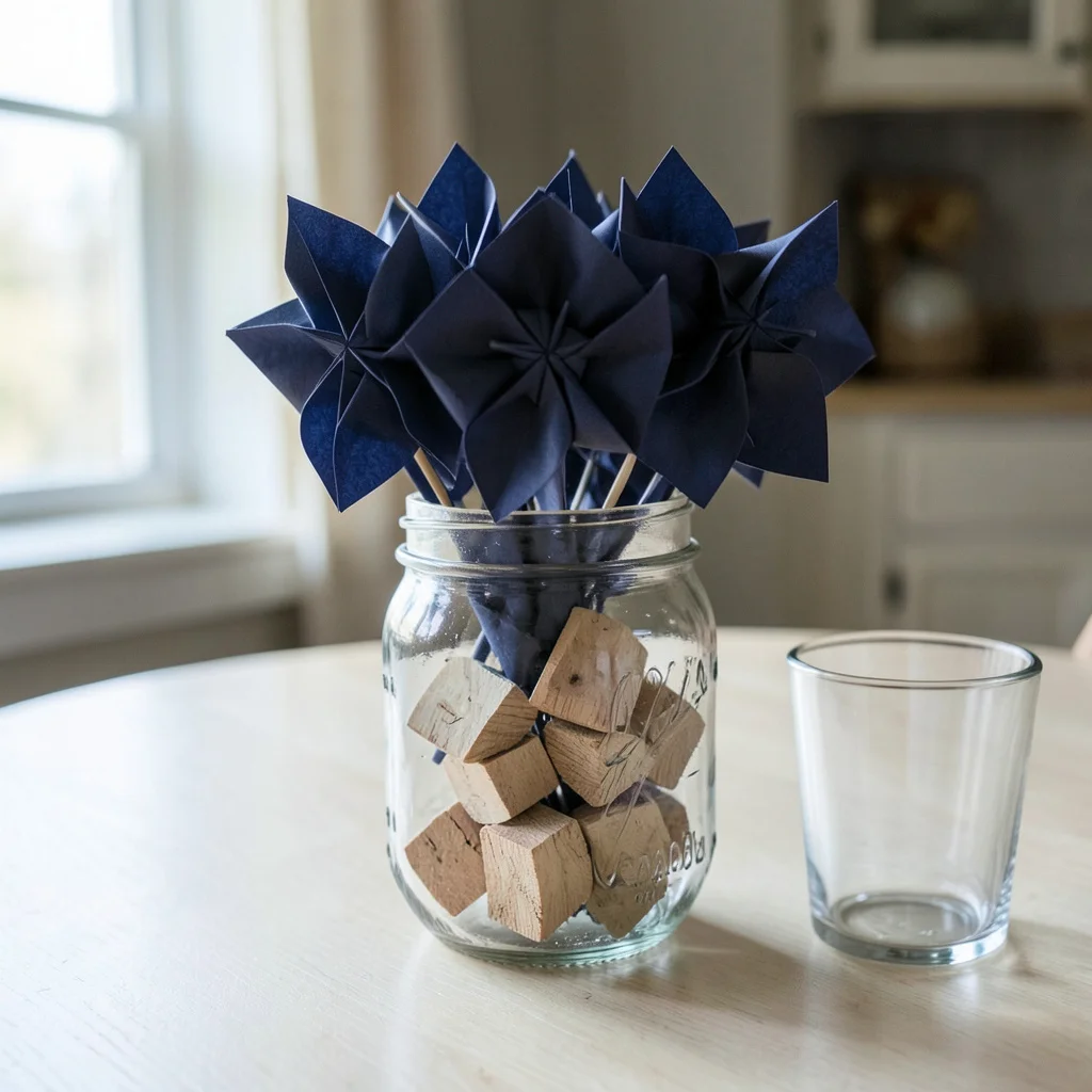 Photograph: A mason jar filled with navy blue paper pinwheels and natural oak wooden blocks sits on a surface, with clear glass visible nearby.