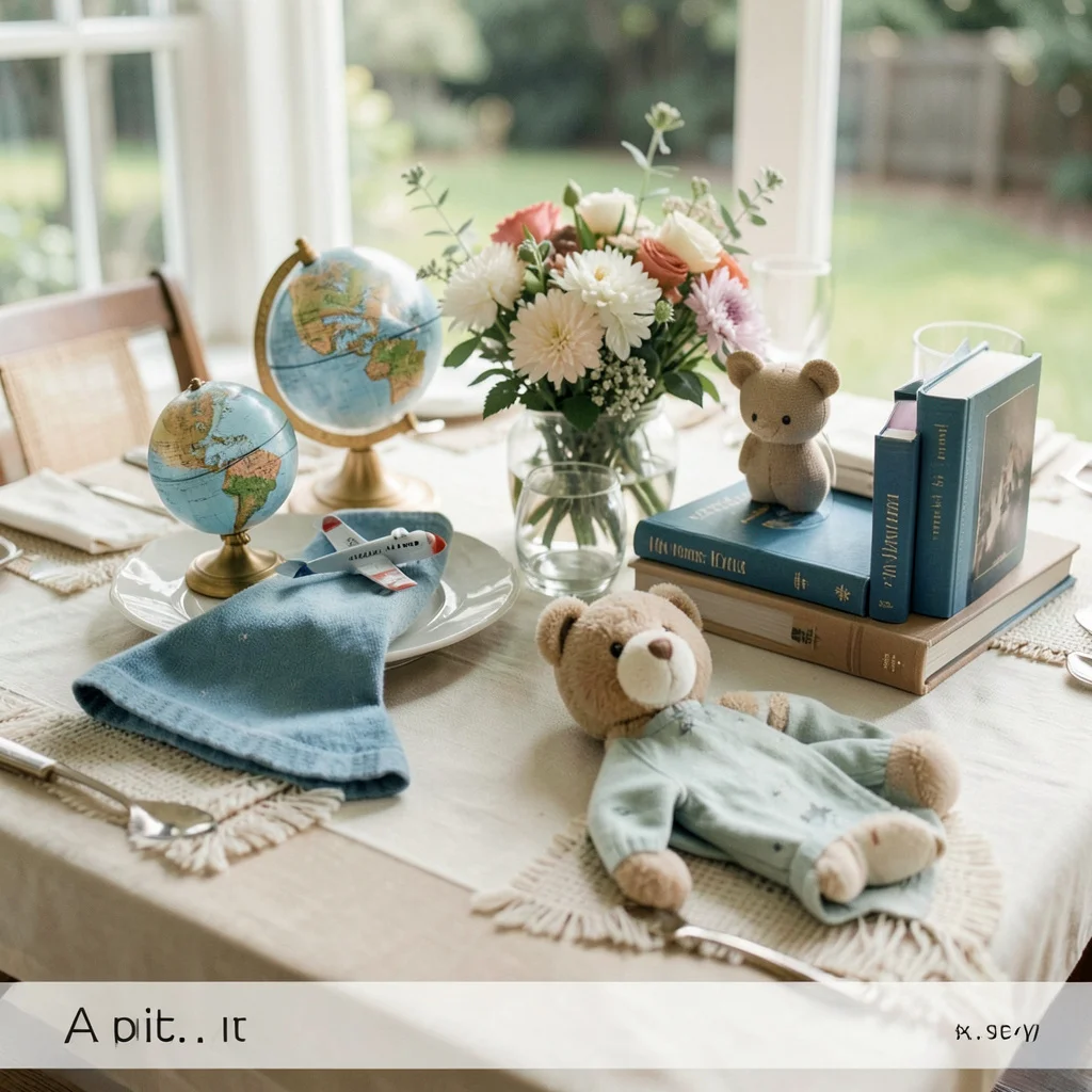 Assorted items for a thematic 'little adventurer' baby shower centerpiece.