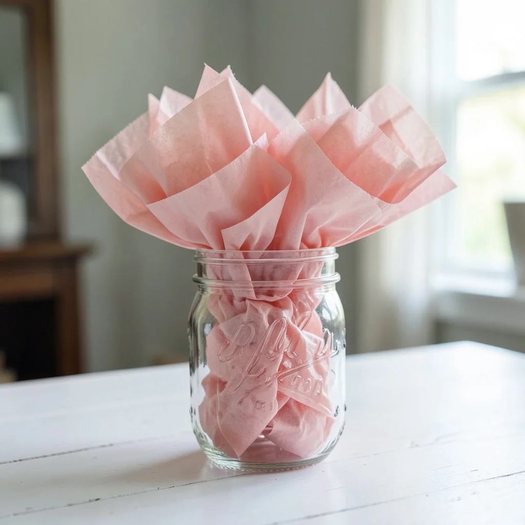 Photograph: A clear mason jar filled with blush tissue paper poms sits on a white wooden surface, tightly cropped to show the soft pink texture against the clean glass and pale wood.