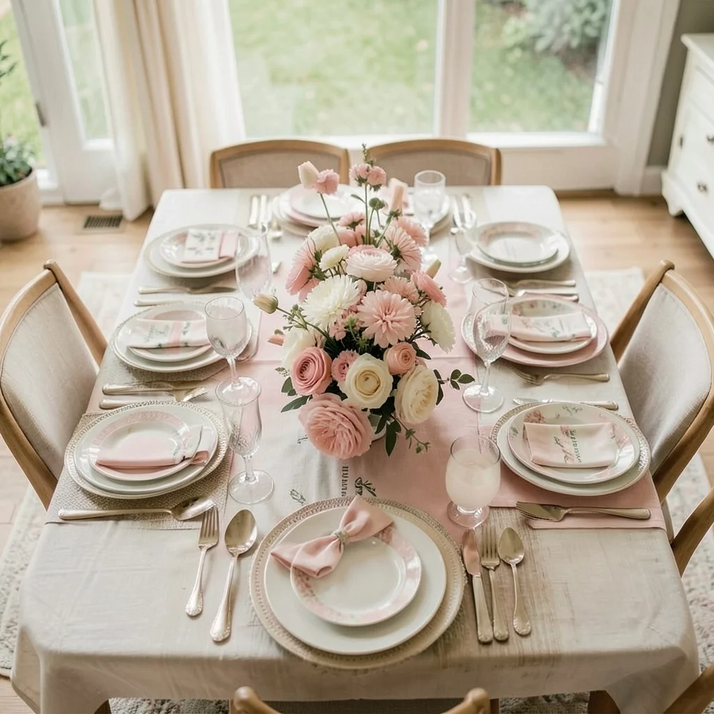 Overhead view of a baby shower table setting with a low centerpiece.