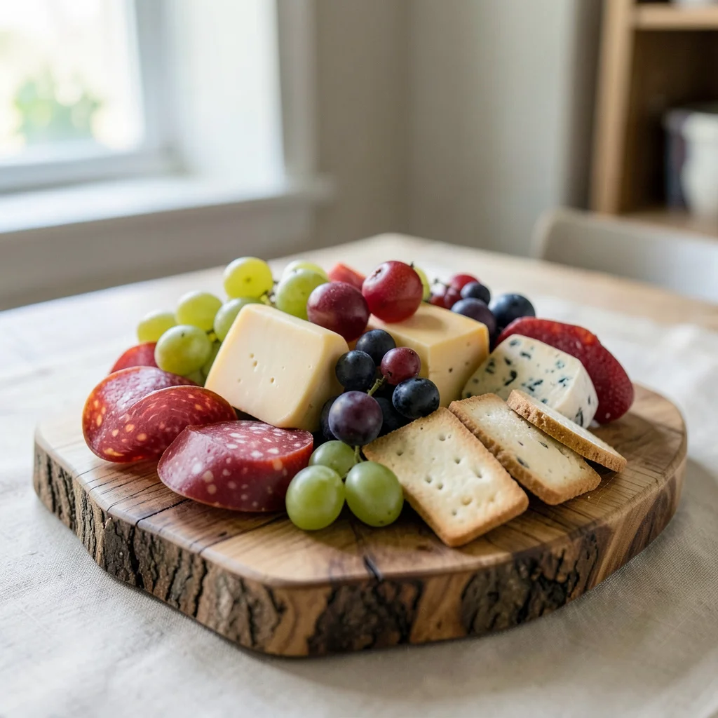 Photograph: A close-up view of a small wooden board filled with assorted cheeses, cured meats, crackers, and fresh fruits like grapes and berries, showcasing olive green, natural wood tones, and vibrant fruit skins.