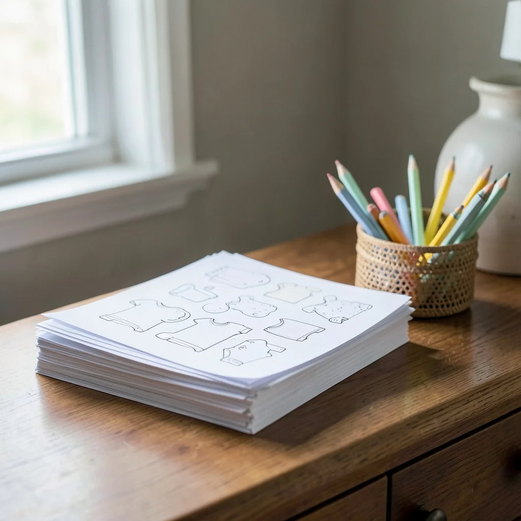 A baby shower coloring station setup on a dining table with printable pages and art supplies.