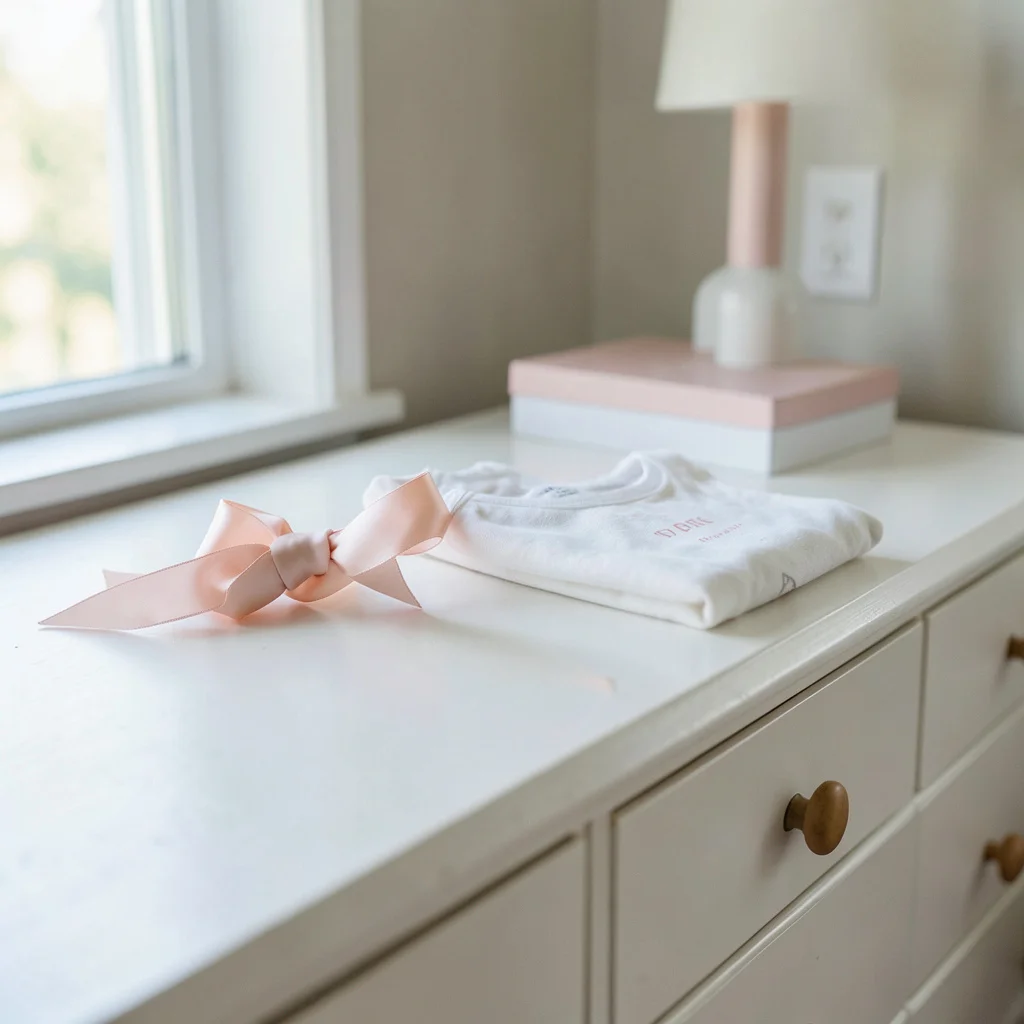 A low centerpiece for a girl baby shower on a dining table.