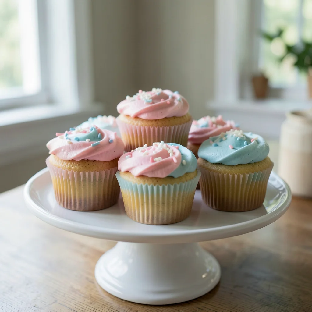 A tiered dessert stand with mini cupcakes and macarons on a dining table, set for a baby shower.