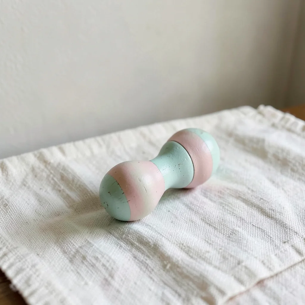 Photograph: A tightly framed still-life of a single baby shower favor: a small, hand-painted wooden rattle in soft mint green and blush pink, resting on a textured ivory linen napkin.