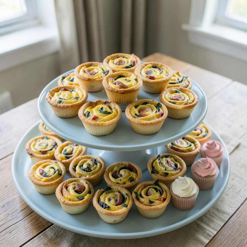 Photograph: A close-up overhead shot of a pastel blue tiered stand holding neat rows of mini quiches and vegetable pinwheels, with a few delicate pink and white petite cupcakes on the side.