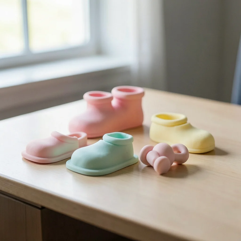 A baby shower cake on a dining table decorated with fondant booties and rattles from silicone molds.