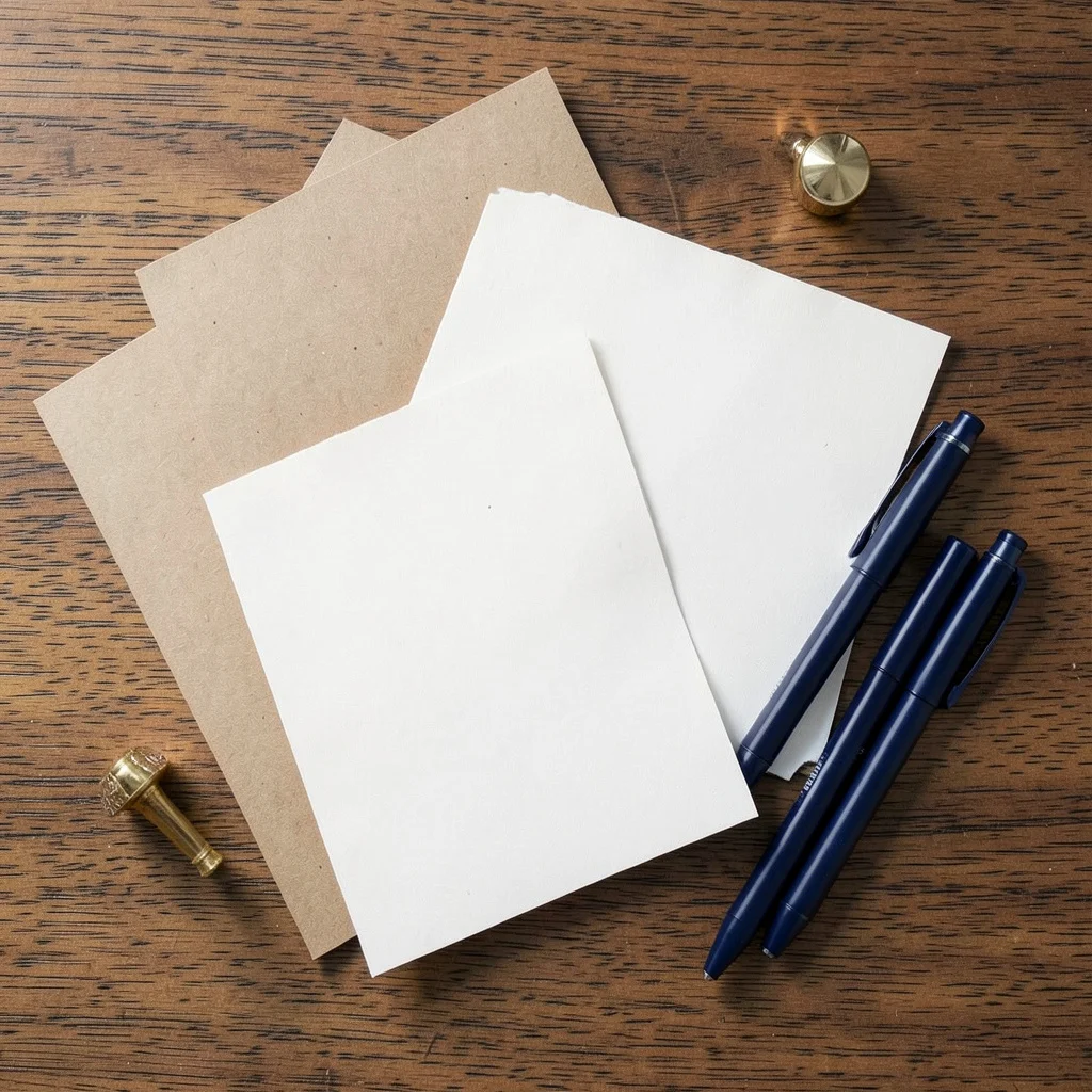 Photograph: Overhead shot of blank kraft paper cards and navy pens arranged neatly on a wood grain surface, with soft shadows highlighting the textures.
