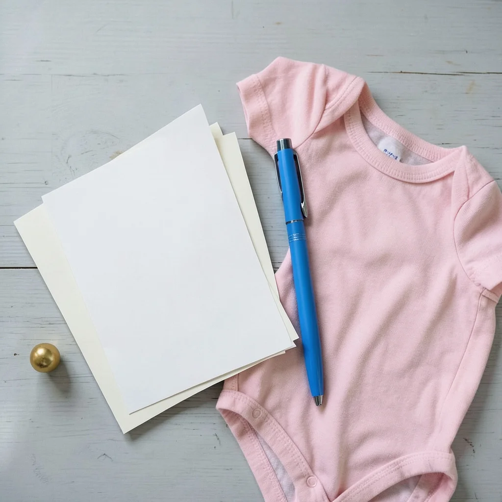 Photograph: A blank notecard and a blue pen placed neatly on a wooden table, with a soft pink baby onesie beside them, against a light gray background.