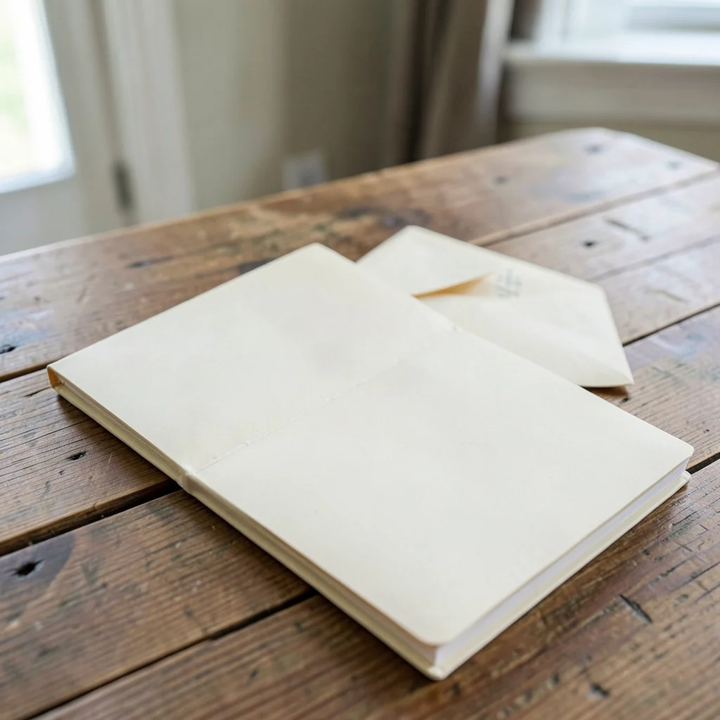 Photograph: A blank, open cream-colored guest book rests on a wooden surface, with soft natural light highlighting the texture of the paper and grain of the wood.