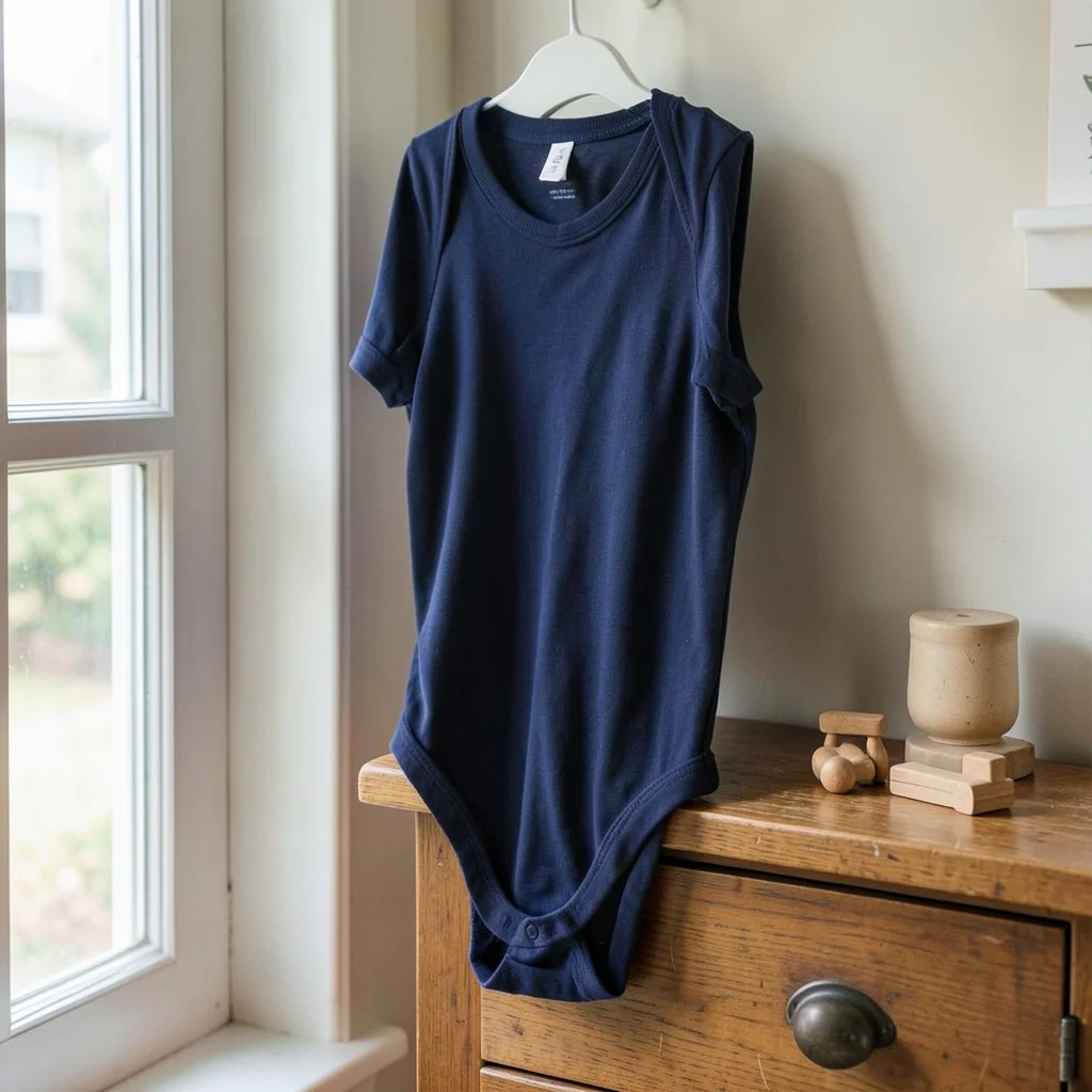 Photograph: A navy onesie is neatly folded on an oak wood dresser, accompanied by a few small wooden toys, all against a cream background.