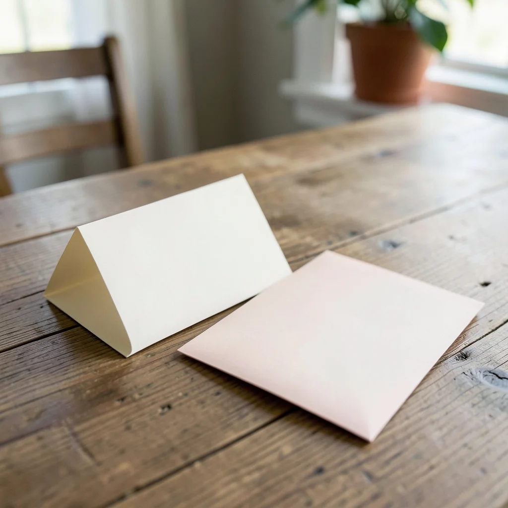 Photograph: A blank folded cream cardstock card and a blush envelope resting on a wooden surface, with soft lighting highlighting the textures.