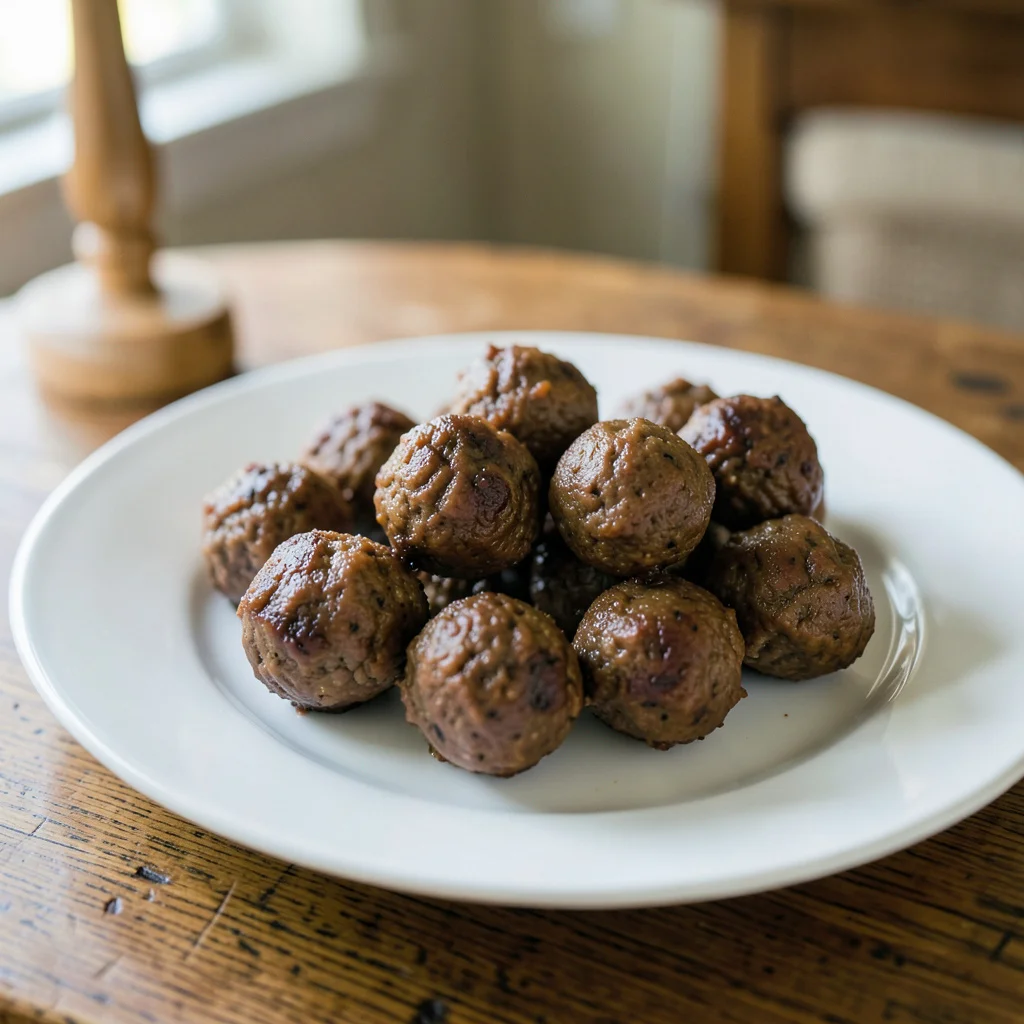 Photograph: A close-up of browned meatballs on a white platter, arranged on a wooden table, showcasing the rich brown of the cooked meat, the clean white of the dish, and the natural wood grain.
