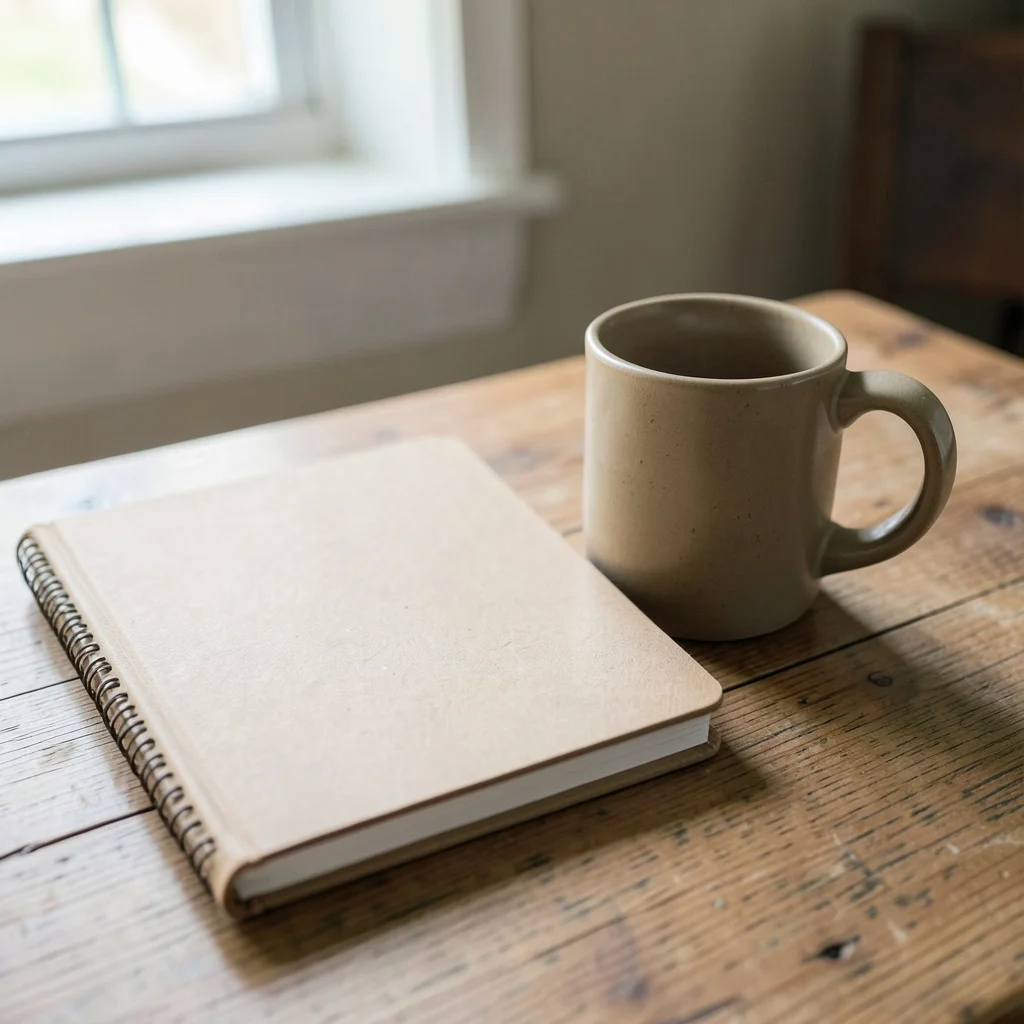 Photograph: A closed kraft notebook with a subtle oatmeal ceramic mug beside it, featuring soft daylight tones of warm brown and pale beige.