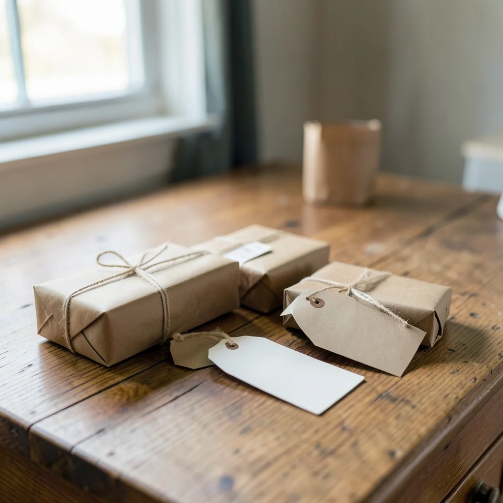 Photograph: A flat lay of small kraft-wrapped gifts and blank paper tags arranged on a wooden surface, featuring natural wood tones and kraft paper browns.
