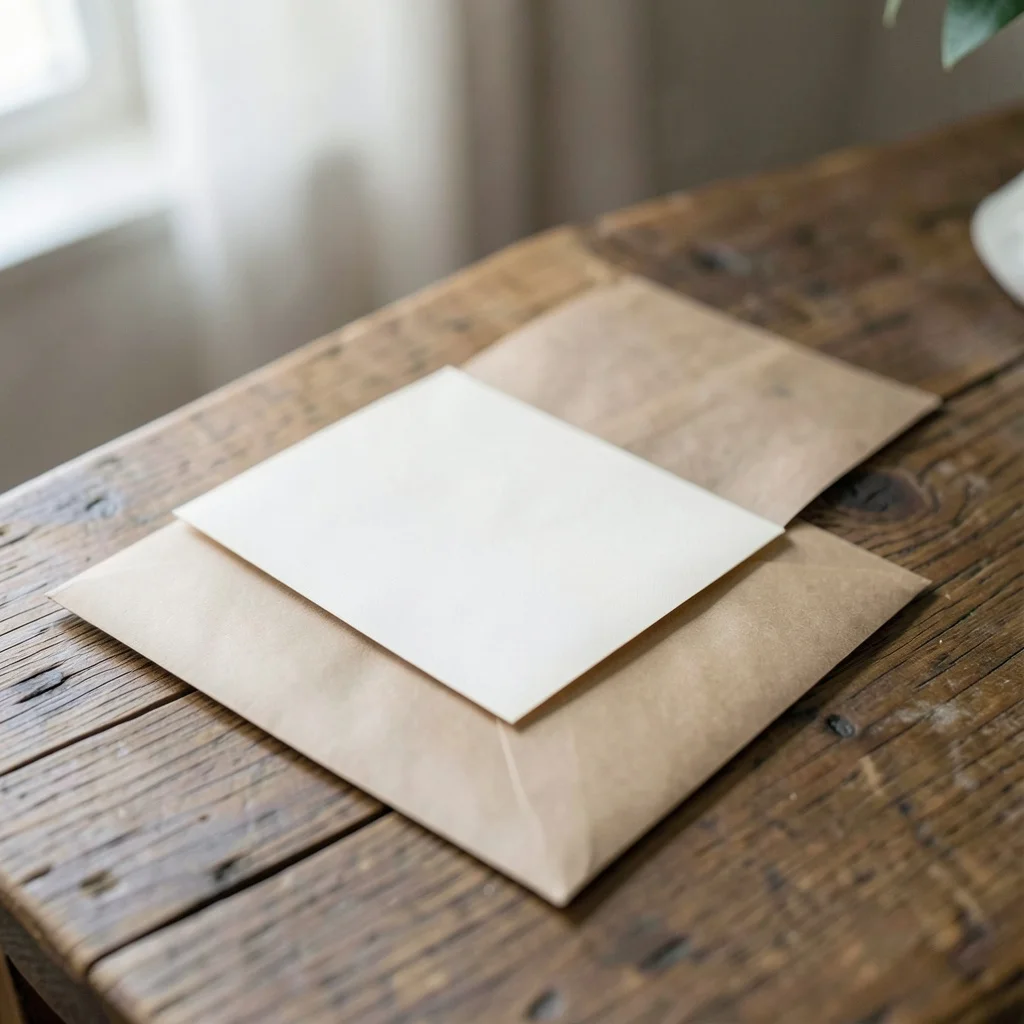 Photograph: A blank cream-colored folded note card sits atop a kraft paper envelope, resting on a wooden surface with visible grain.