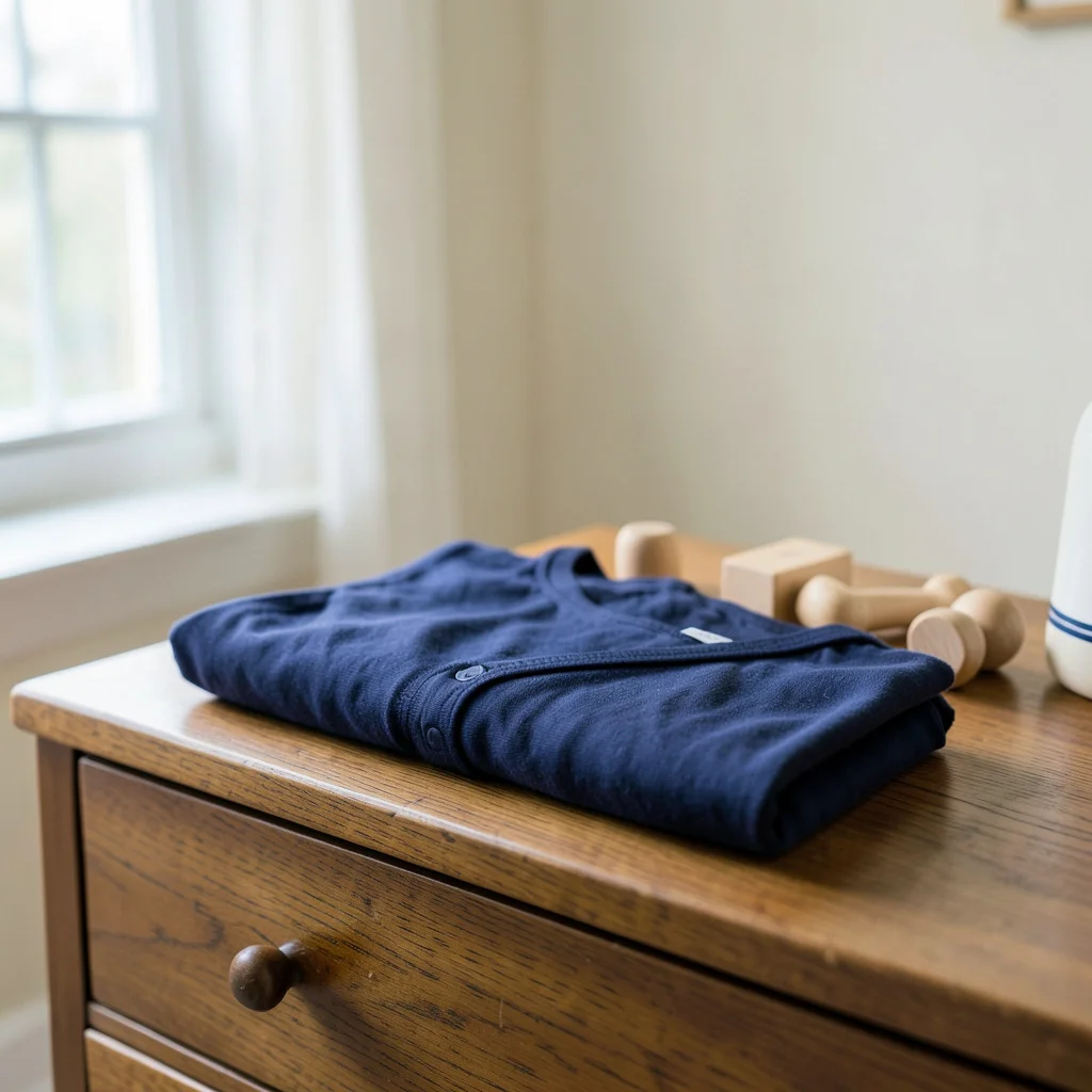 Photograph: A navy onesie neatly folded on an oak wood dresser, accompanied by simple wooden toys, with a cream background.
