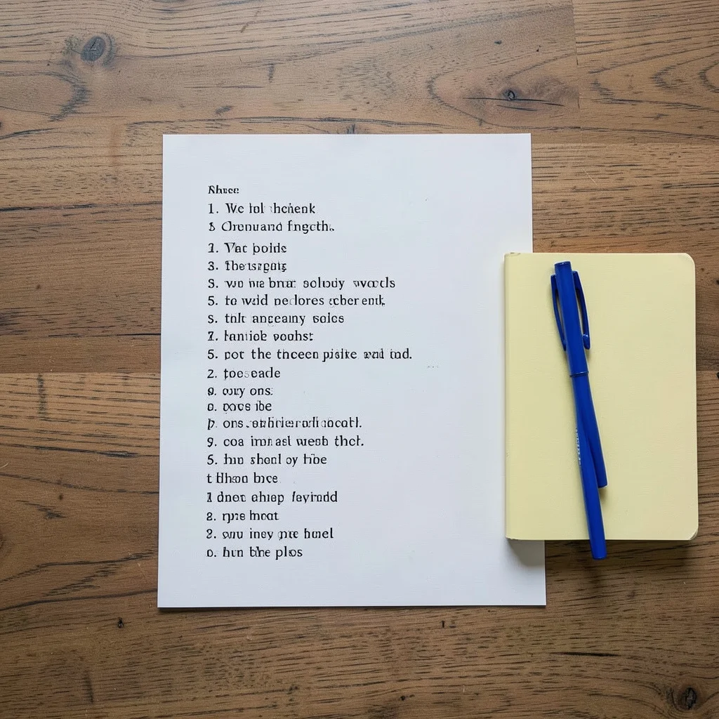 Photograph: A printed sheet with a scrambled word list sits on a wooden coffee table, accompanied by two blue pens and a soft yellow notepad.
