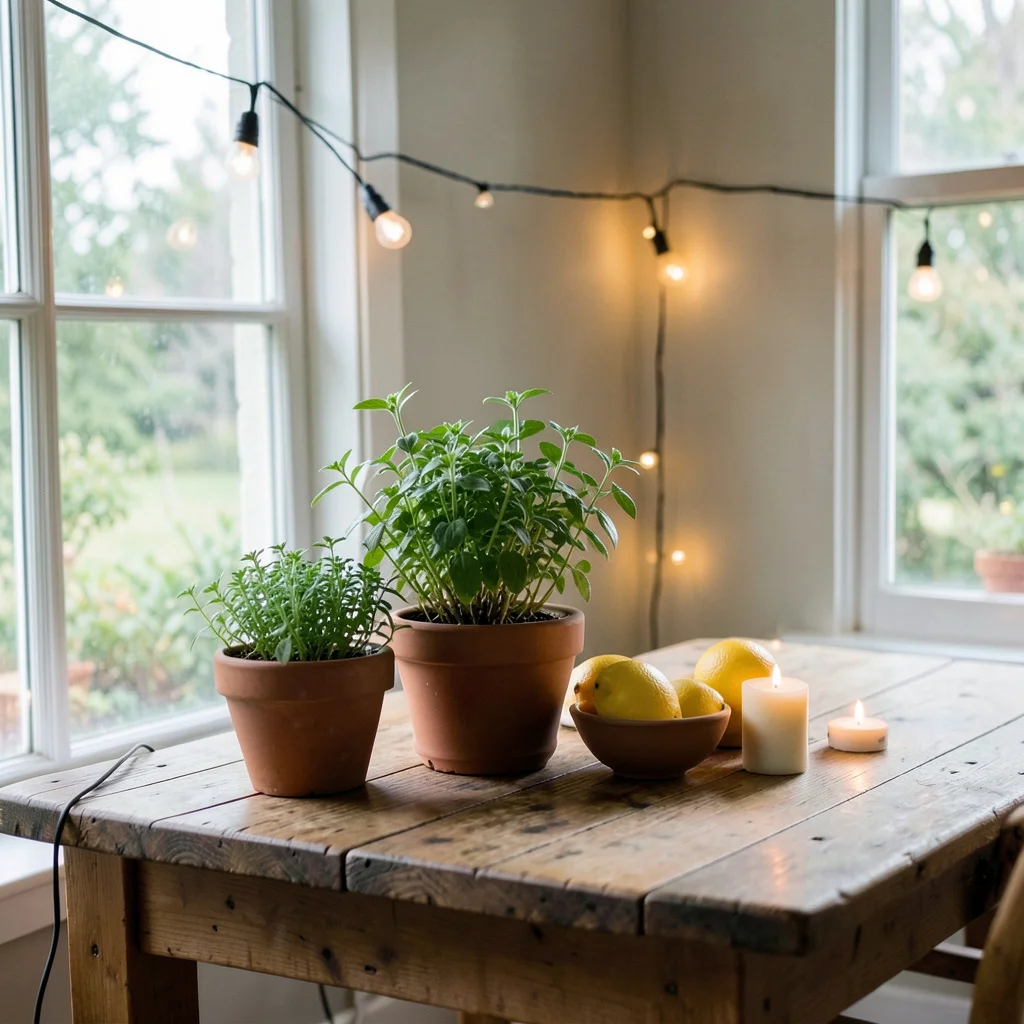 A backyard engagement party setup with a table, string lights, and guests.