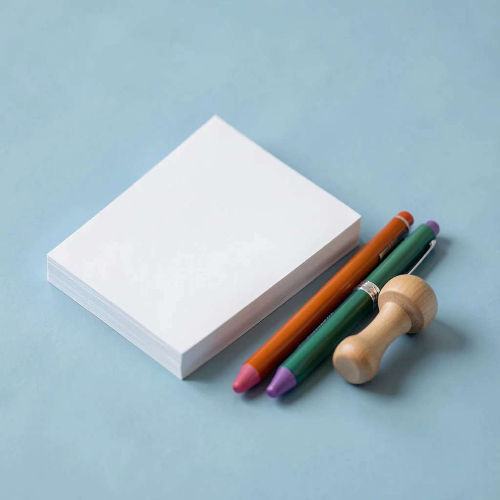 Photograph: A neat stack of blank white cards and a few colorful pens arranged on a soft blue background, with a tiny wooden baby rattle placed beside them.