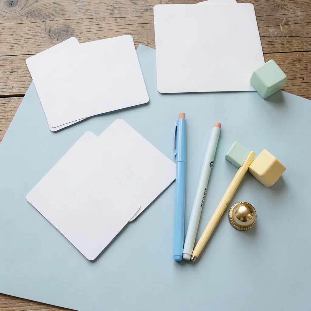 Photograph: A flat lay of blank game cards and pens arranged neatly on a soft pastel blue surface, with a small cluster of pale yellow and mint green baby blocks beside them.