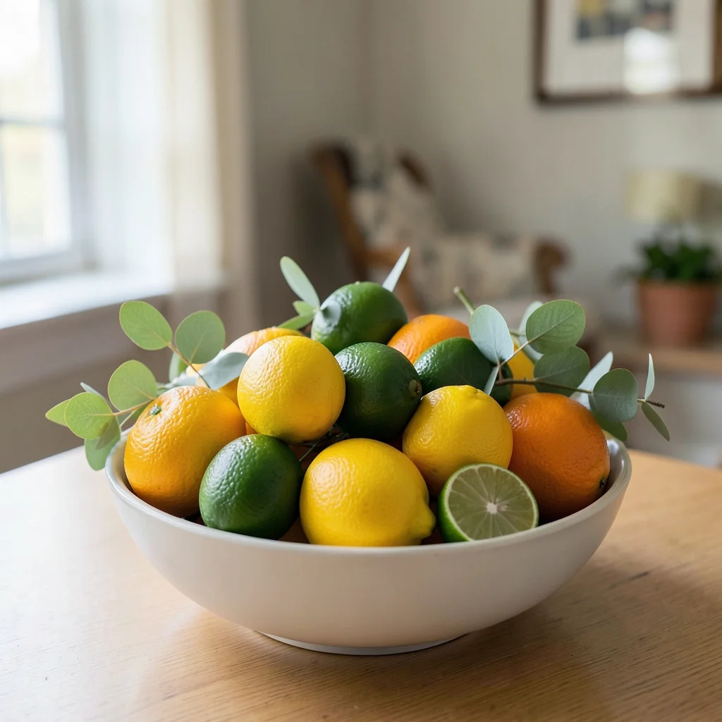 A low wooden bowl filled with lemons, limes, and eucalyptus serves as a simple birthday centerpiece on a dining table.