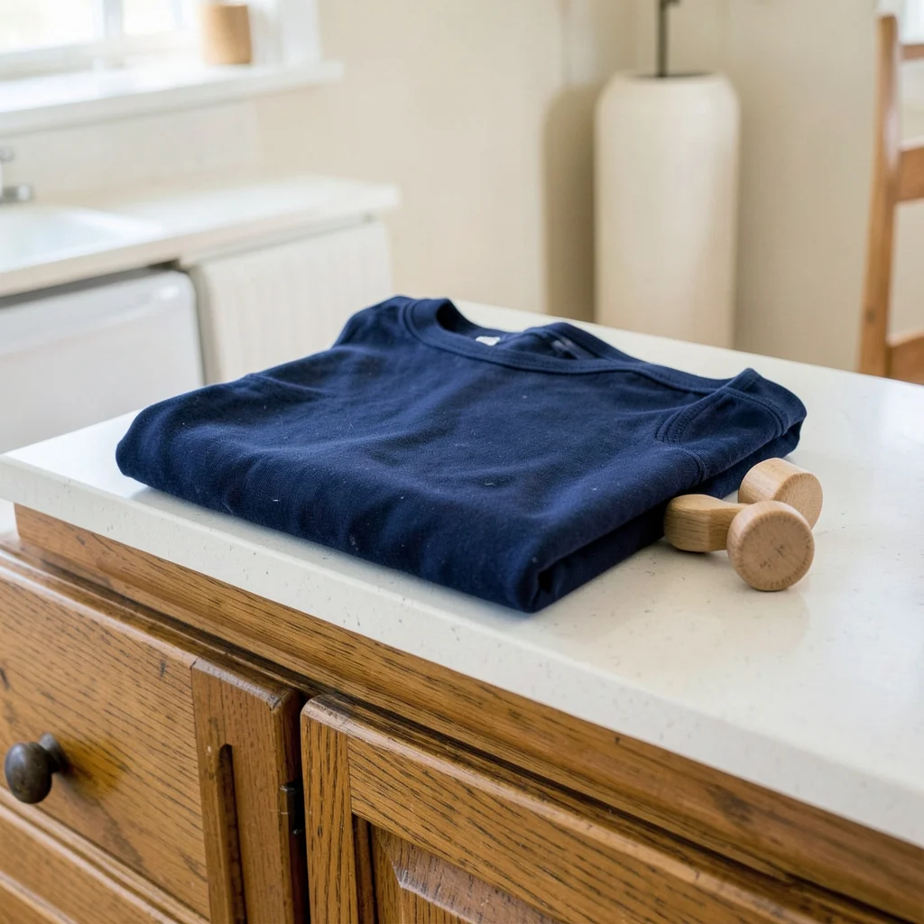 Photograph: A navy blue onesie is neatly folded on an oak wood dresser, accompanied by a few simple wooden toys, all set against a cream background.