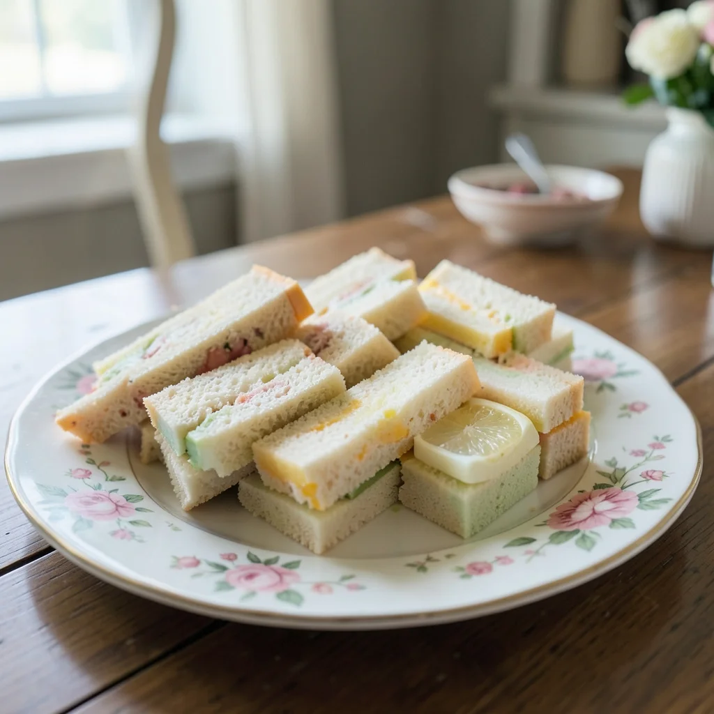 A bridal shower food table with tea sandwiches, fruit, and cookies arranged on a wooden table.