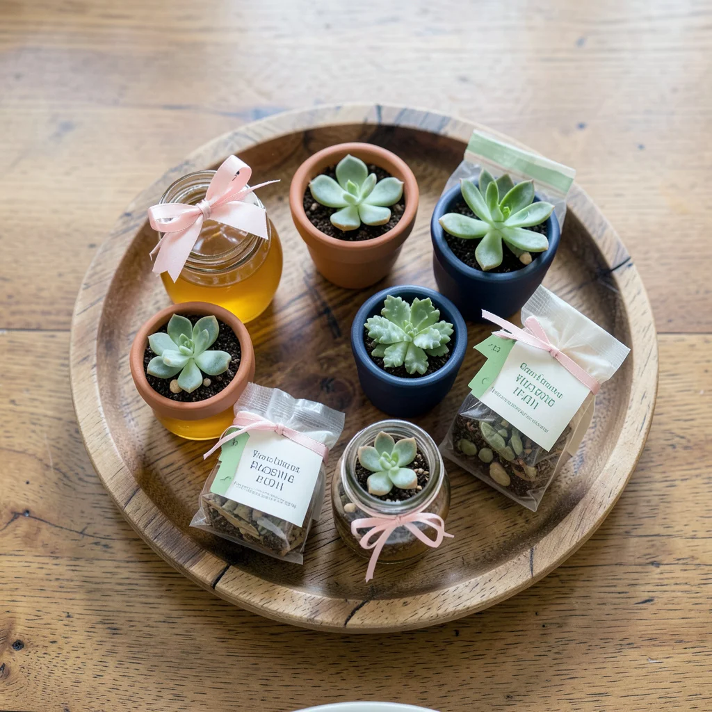 A selection of bridal shower party favors arranged on a wooden tray on a dining table.