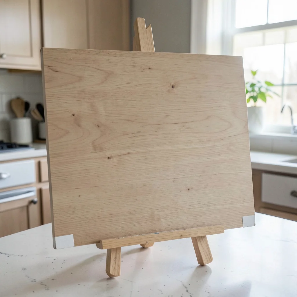 A chalkboard welcome sign for a bridal shower on a wooden easel in a home entryway.
