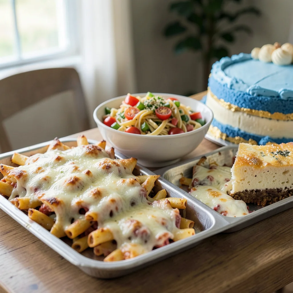 A graduation party buffet table with pasta salad, sliders, and a decorated cake.