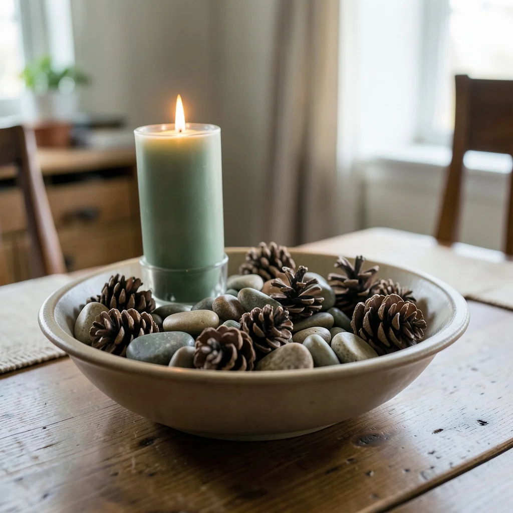 A simple, natural centerpiece with stones, moss, and a candle on a wooden dining table.