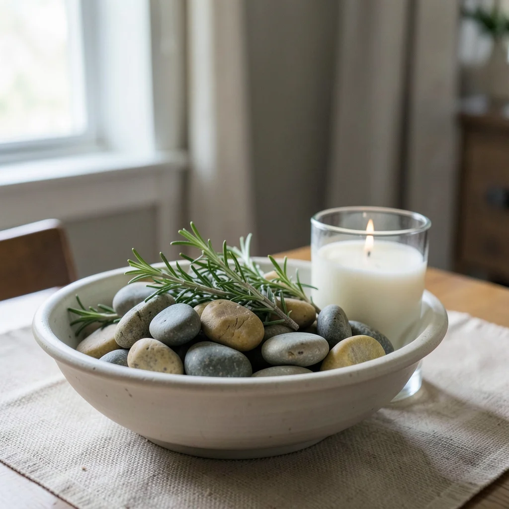 A greenery runner with votive candles and photographs on a dark wood table.