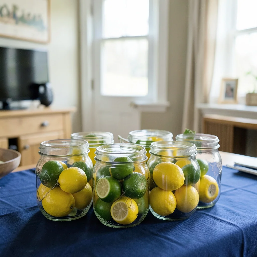 A simple graduation party centerpiece with lemons and greenery on a wooden dining table.