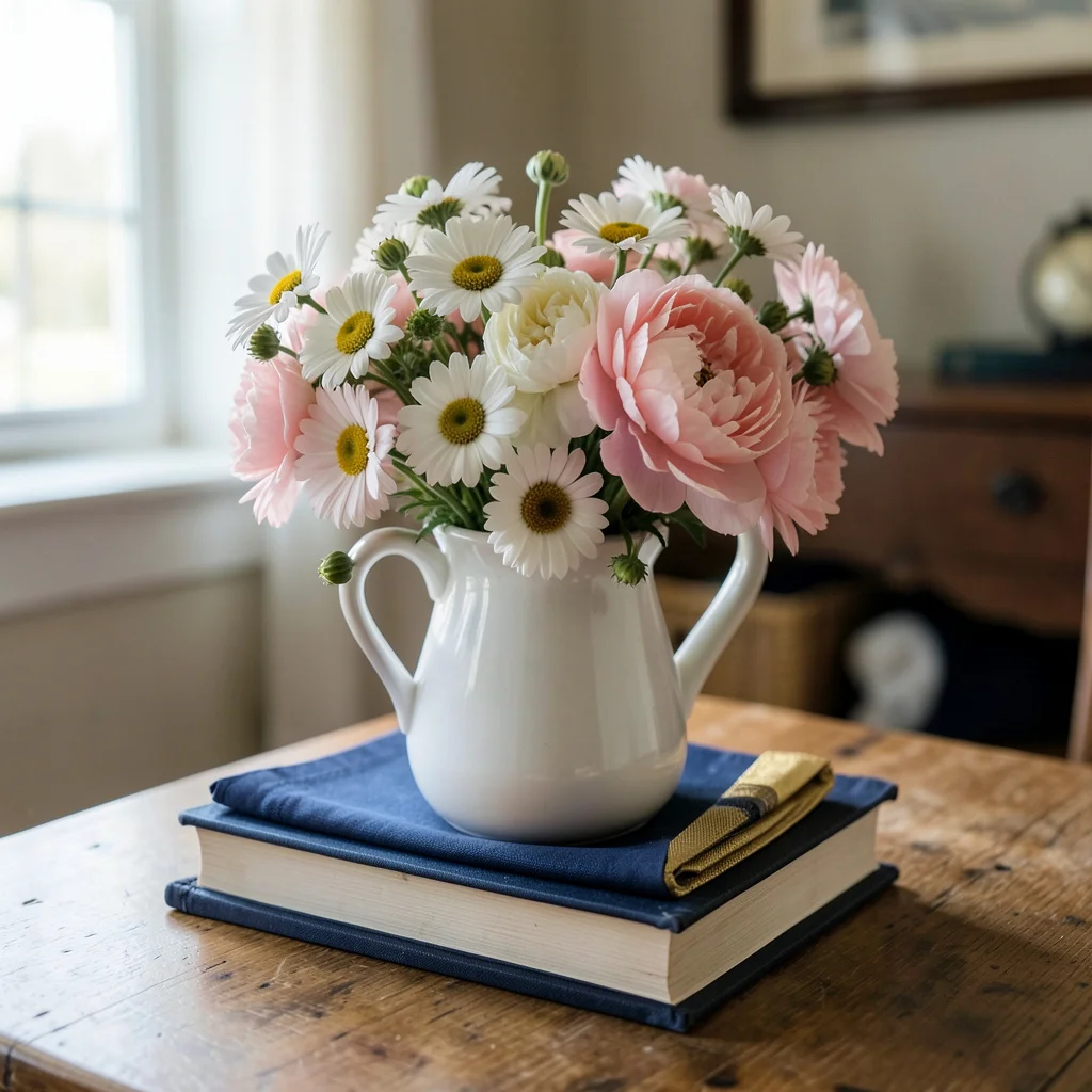 A graduation centerpiece idea using daisies in jars and a graduation cap on books.