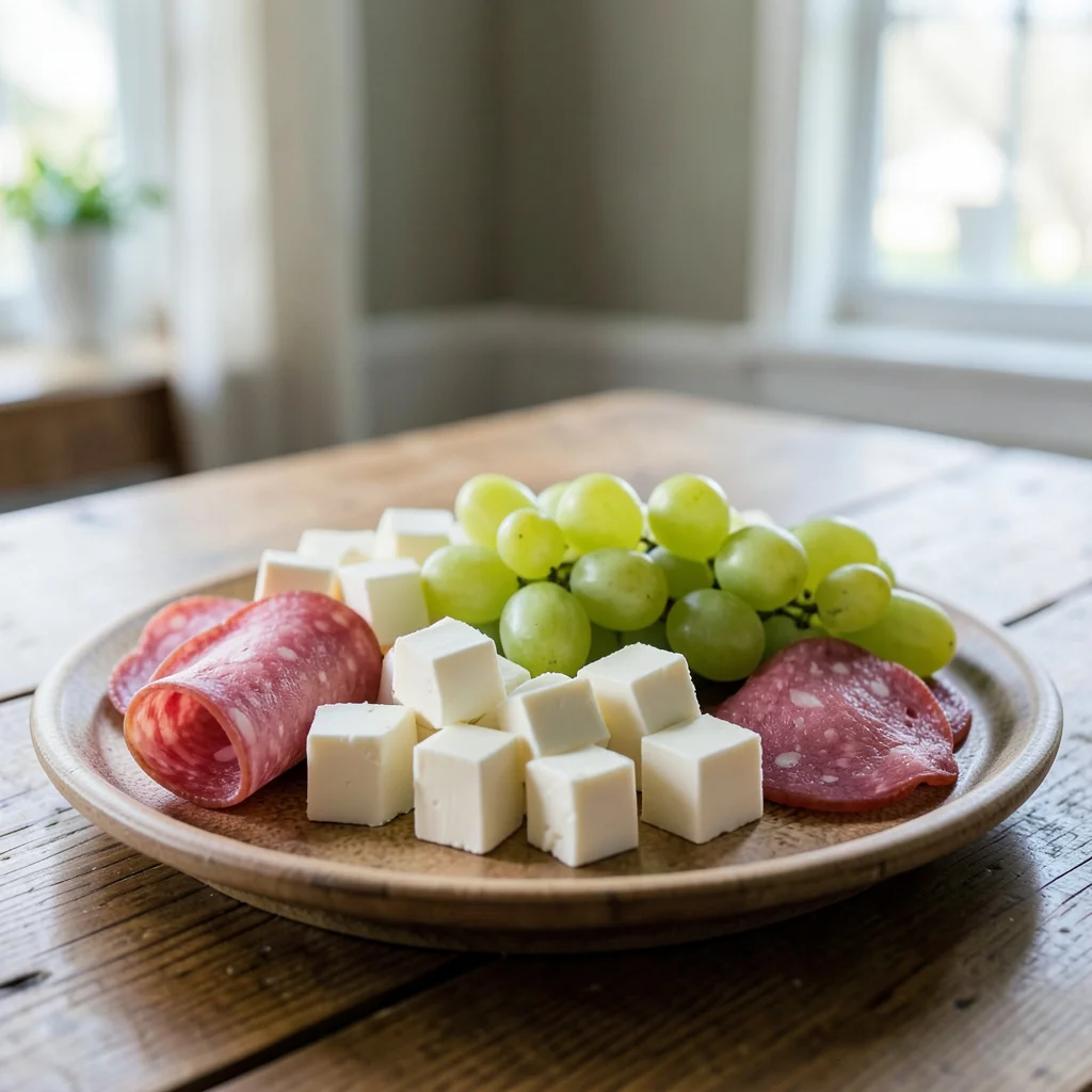 A spread of affordable baby shower food arranged on a home dining table.