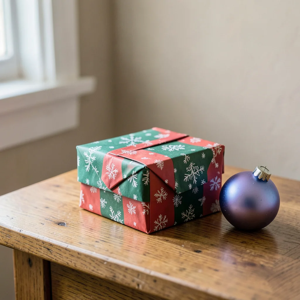 A wrapped Christmas gift box sitting on a dining table, suggesting a small holiday reveal.